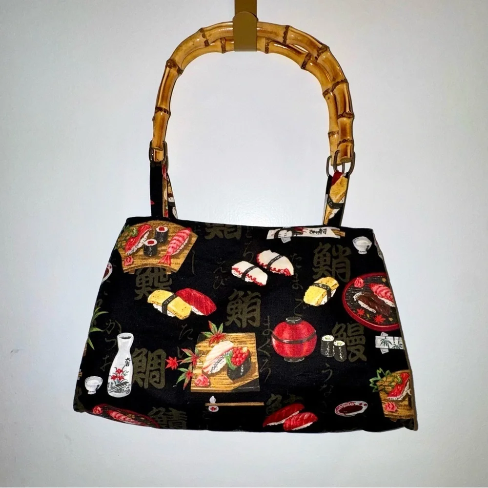 Vintage Sushi Print Handbag with Bamboo Handles